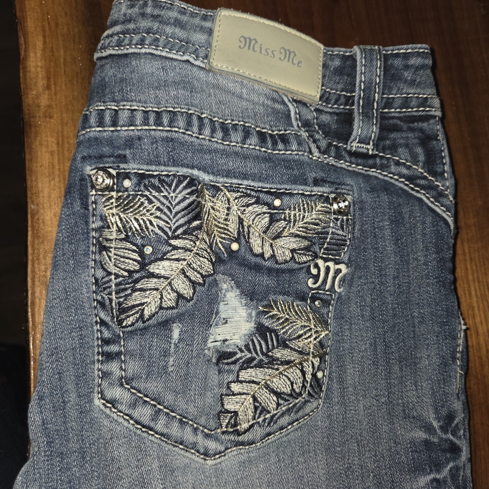 Miss Me Blue Denim Bootcut Jeans with Metallic Leaf Embroidery
